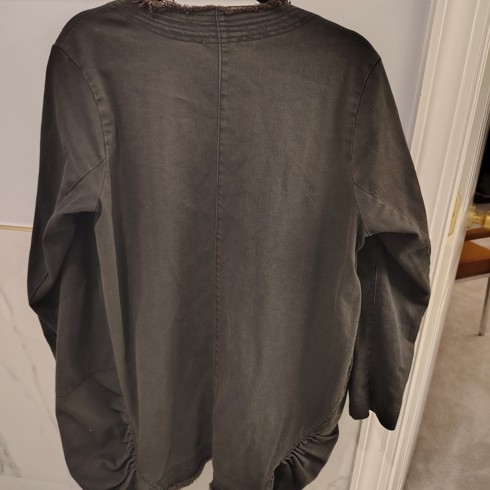 Prairie Underground dark Denim Distressed Trim Long Open Jacket - Picture 13 of 15